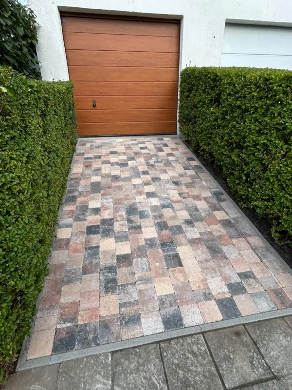 Allée en pavés béton multicolores menant à une porte de garage, entre deux haies